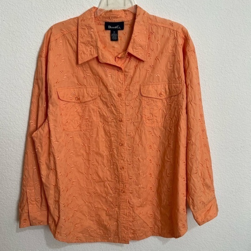 Demin & Co. Orange Melon Eyelet Long Sleeve Cotton Roll Up Tabs Shirt New  3X